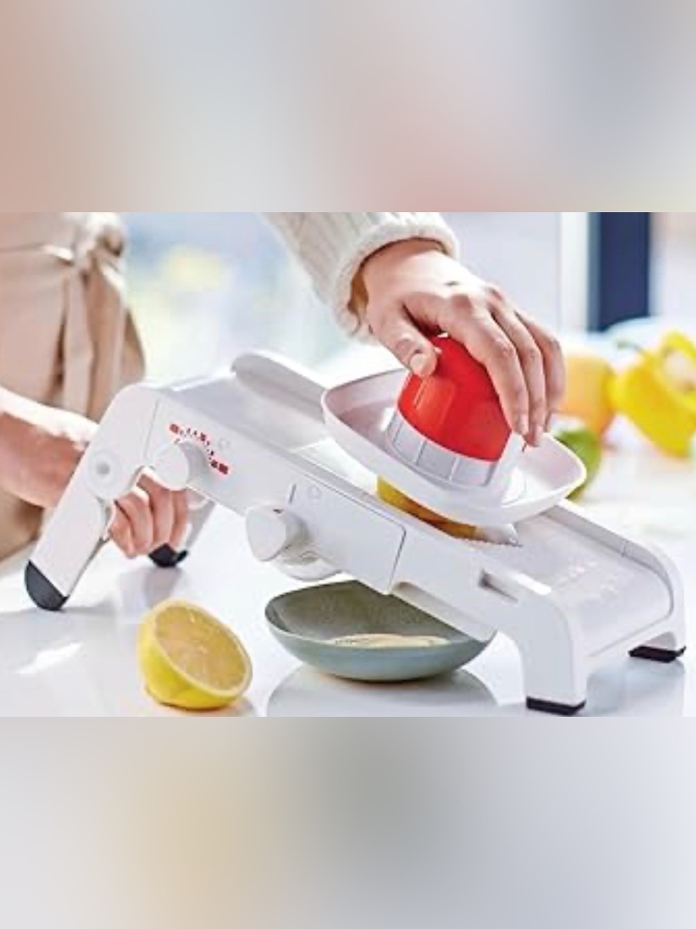 Tupperware White and Red Handheld Mandoline Slicer with Safety Food Holder
